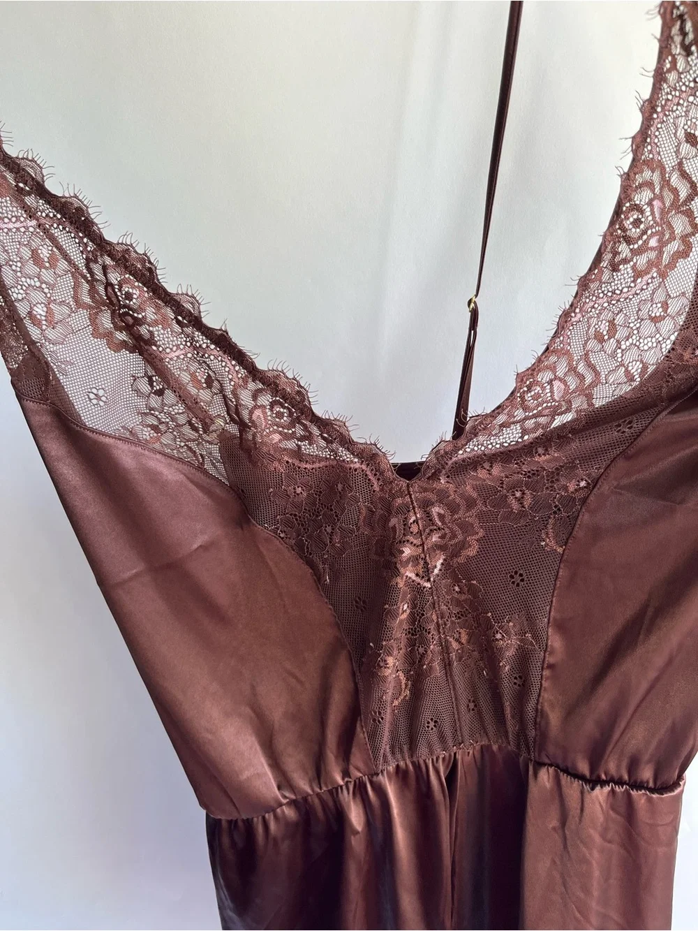 Mentionables Romper Chocolate Brown Satin And Lace Cross Back Sz 2X Adjustable